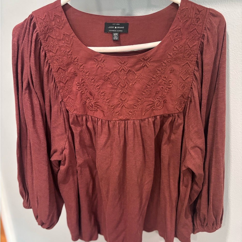 Lucky Brand Embroidered Boho Peasant Top Burgundy Medium
